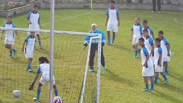 Watch | PM Narendra Modi Scores Penalty, High-Fives Kids During Football Game in Gangtok