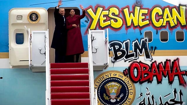 Trump Shares Graffiti-Laden Air Force One Image Featuring Obamas, Sparks Fresh Controversy Trump Shares Graffiti-Laden Air Force One Image Featuring Obamas, Sparks Fresh Controversy