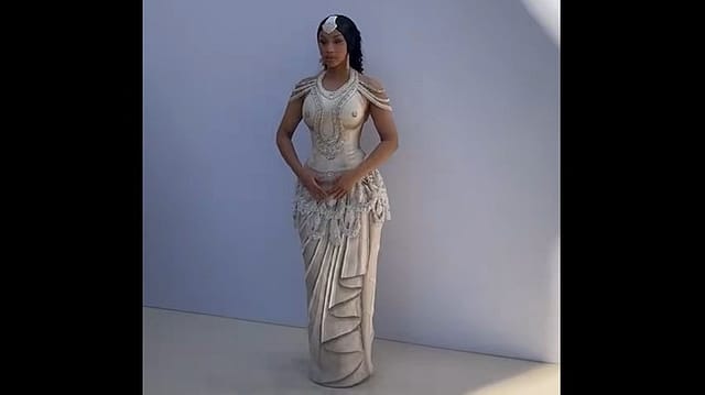 Cardi B wore an ivory custom corset gown from Rahul Mishra's latest collection, 'Devi: The Eternal Muse.' Cardi B wore an ivory custom corset gown from Rahul Mishra's latest collection, 'Devi: The Eternal Muse.'