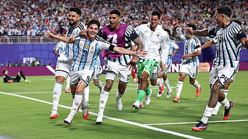 Argentina's Julian Alvarez celebrates his extra-time winner with teammates in FIFA World Cup 2026 quarterfinal clash against Switzerland on Sunday.