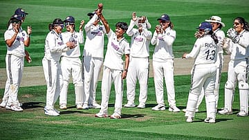 Indian Women's team celebrate debutant Kranti Gaud's five wicket haul against England at Lord's.