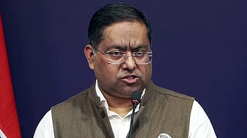 MEA spokesperson Randhir Jaiswal speaks during a media briefing, in New Delhi on Tuesday.
