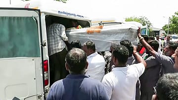 A visual of a packed coffin with mortal remains of a person who died in the Vietnam boat capsize incident, at Coimbatore International Airport, in Coimbatore on Tuesday.