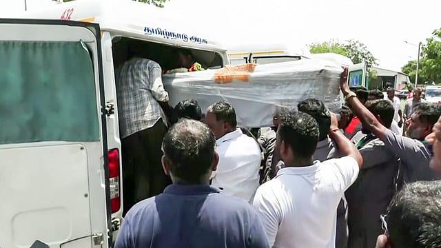 A visual of a packed coffin with mortal remains of a person who died in the Vietnam boat capsize incident, at Coimbatore International Airport, in Coimbatore on Tuesday. A visual of a packed coffin with mortal remains of a person who died in the Vietnam boat capsize incident, at Coimbatore International Airport, in Coimbatore on Tuesday.