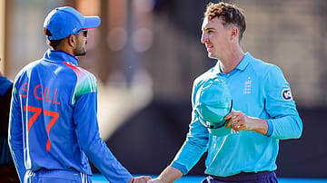 Indian skipper Shubman Gill shares a handshake with English skipper Harry Brook after the 1st ODI, at Edgbaston Stadium in Birmingham on Tuesday.