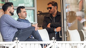 Former Indian cricket captain Mahendra Singh into the stands during the 3rd T20I between India and England, at Trent Bridge ground in Nottingham on Tuesday.