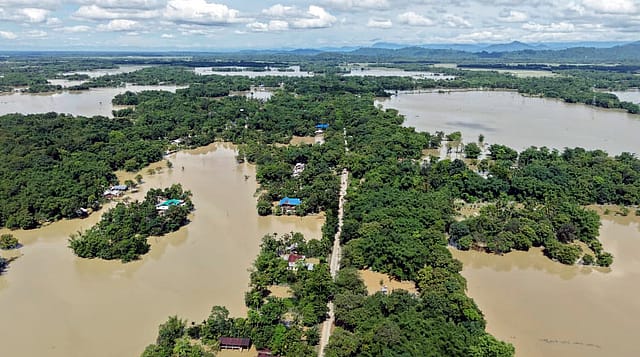 An aerial view of vast stretches of flooded areas with houses and villages submerged amid the severe Assam floods, in Sivasagar on Wednesday. An aerial view of vast stretches of flooded areas with houses and villages submerged amid the severe Assam floods, in Sivasagar on Wednesday.