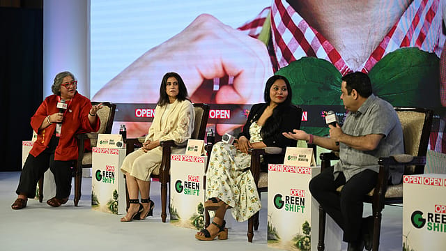 Fashion designer Rina Dhaka, conservation biologist and author Neha Sinha, and chef and restaurateur Manish Mehrotra at the OPEN Green Shift event. Fashion designer Rina Dhaka, conservation biologist and author Neha Sinha, and chef and restaurateur Manish Mehrotra at the OPEN Green Shift event.
