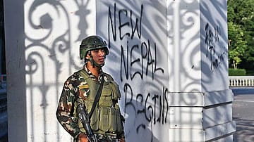 A soldier outside the main administrative building of the Nepal government, Kathmandu