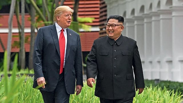 Donald Trump with North Korean leader Kim Jong Un at Singapore summit in June 2018. Eight years later, Trump has again invoked their “very good relationship” to justify scaling back US-South Korea military drills Donald Trump with North Korean leader Kim Jong Un at Singapore summit in June 2018. Eight years later, Trump has again invoked their “very good relationship” to justify scaling back US-South Korea military drills