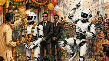Humanoid robot arrives with bodyguards, gets a tilak and steals the show with dance moves at Ujjain shop opening