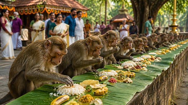 At this Kerala temple, the first guests at the Onam feast don't arrive in cars. They arrive swinging from the trees At this Kerala temple, the first guests at the Onam feast don't arrive in cars. They arrive swinging from the trees