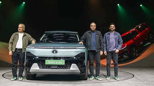 Tata Motors MD and CEO Shailesh Chandra and TPEM Chief Product Officer Anand Kulkarni with the Tata Sierra EV in Mumbai. The Sierra revives an old badge even as Tata Motors drives into a new brand identity Tata Motors MD and CEO Shailesh Chandra and TPEM Chief Product Officer Anand Kulkarni with the Tata Sierra EV in Mumbai. The Sierra revives an old badge even as Tata Motors drives into a new brand identity