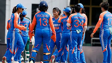 India’s players celebrate during their Asia Cup semifinal win over Bangladesh in Dubai on Thursday. Harmanpreet Kaur’s side will chase a record eighth title in Sunday’s final
