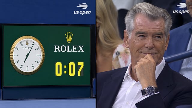 The Rolex clock hit 0:07 and the US Open camera cut to Pierce Brosnan. Perfect timing for Rolex—except this was the James Bond who put rival Omega on 007’s wrist The Rolex clock hit 0:07 and the US Open camera cut to Pierce Brosnan. Perfect timing for Rolex—except this was the James Bond who put rival Omega on 007’s wrist