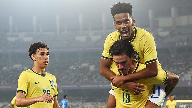 Brazil’s Pedro celebrates with teammates after scoring against India during their international friendly at Salt Lake Stadium in Kolkata on Saturday Brazil’s Pedro celebrates with teammates after scoring against India during their international friendly at Salt Lake Stadium in Kolkata on Saturday