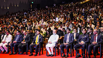 PM Modi, Union Communications Minister Jyotiraditya Scindia, Reliance Jio Chairman Akash Ambani and others at the inauguration of India Mobile Congress (IMC) 2026 in New Delhi.