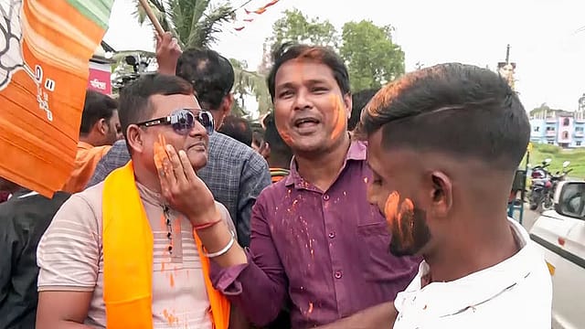 BJP workers celebrate as Hasi Rani Rath takes a substantial lead in the Nandigram Assembly bypoll. Counting remains underway, with the Election Commission yet to declare the final result BJP workers celebrate as Hasi Rani Rath takes a substantial lead in the Nandigram Assembly bypoll. Counting remains underway, with the Election Commission yet to declare the final result