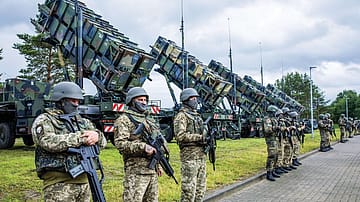 Patriot’s radar tracks an incoming threat and helps guide a defensive missile towards it, coordinating with command equipment and launchers