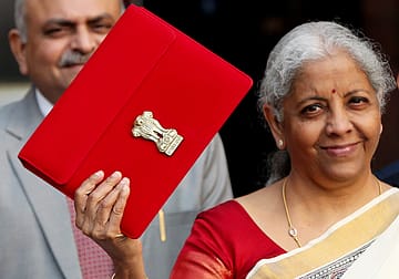 Finance Minister Nirmala Sitharaman with members of the ministry before presenting the budget, February 1, 2025